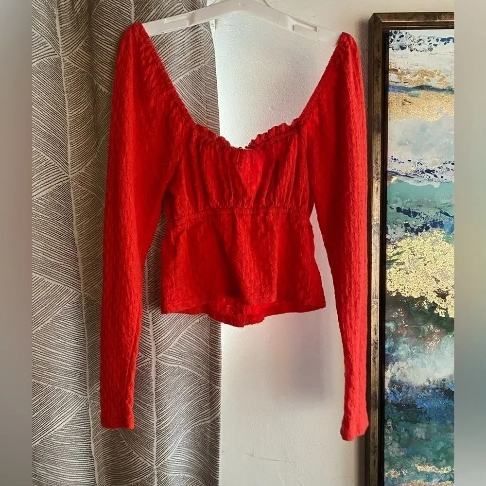 Free People Crop Top Womens  Orange  Blouse Long Sleeve Sz M Buttons